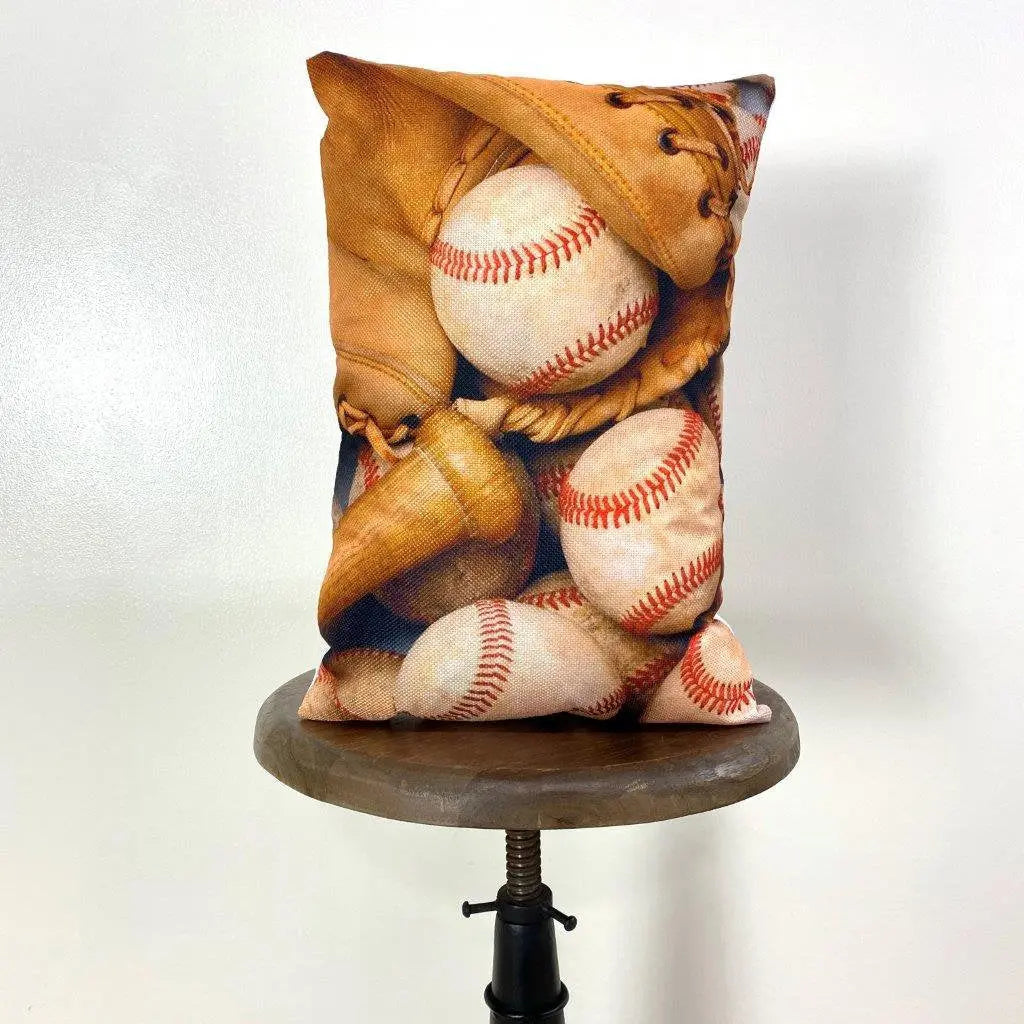 Baseball Bat | 12x 18 | Baseball Glove | Baseballs | Old Baseballs | Sports | Sports Fabric | Sports Fans | Baseball Gifts | Teen Room Decor by UniikPillows