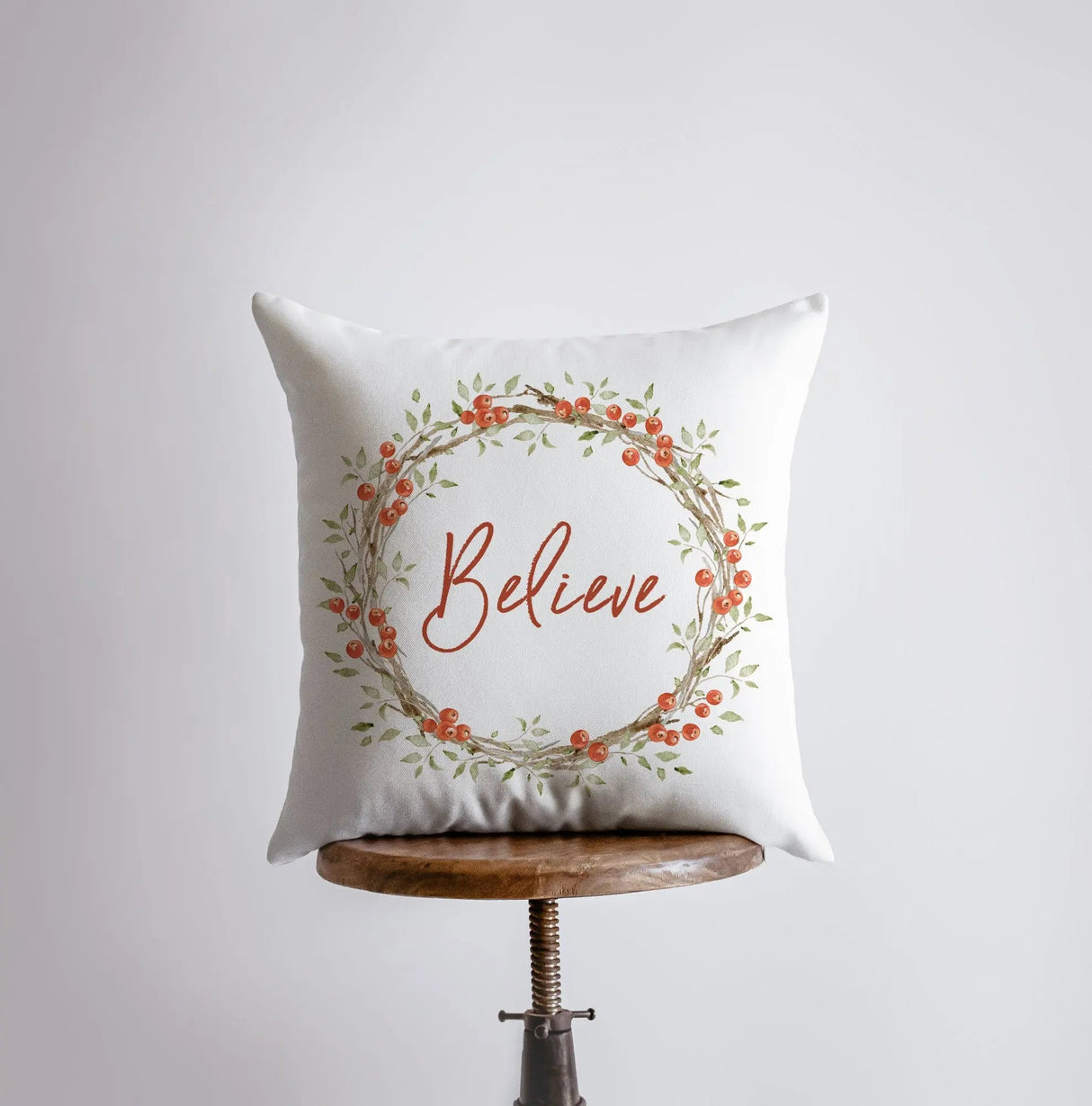 Believe with Berry Wreath Christmas Throw Pillow | Room Decor | Home Decor | Bedroom Decor | Home Decor Christmas | Christmas Throw Pillows by UniikPillows