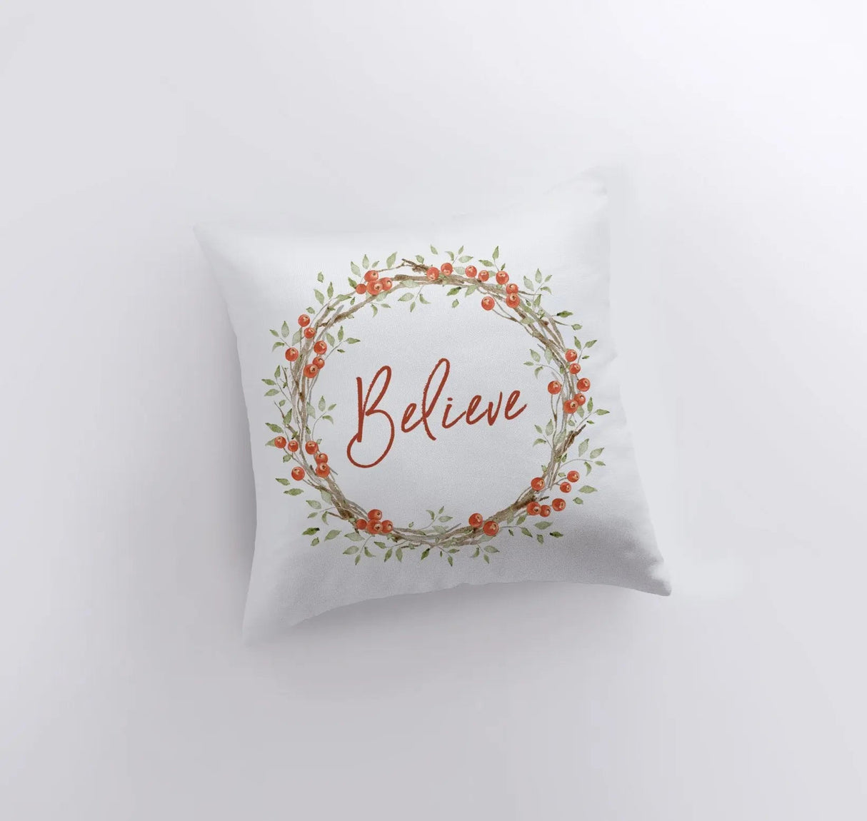 Believe with Berry Wreath Christmas Throw Pillow | Room Decor | Home Decor | Bedroom Decor | Home Decor Christmas | Christmas Throw Pillows by UniikPillows