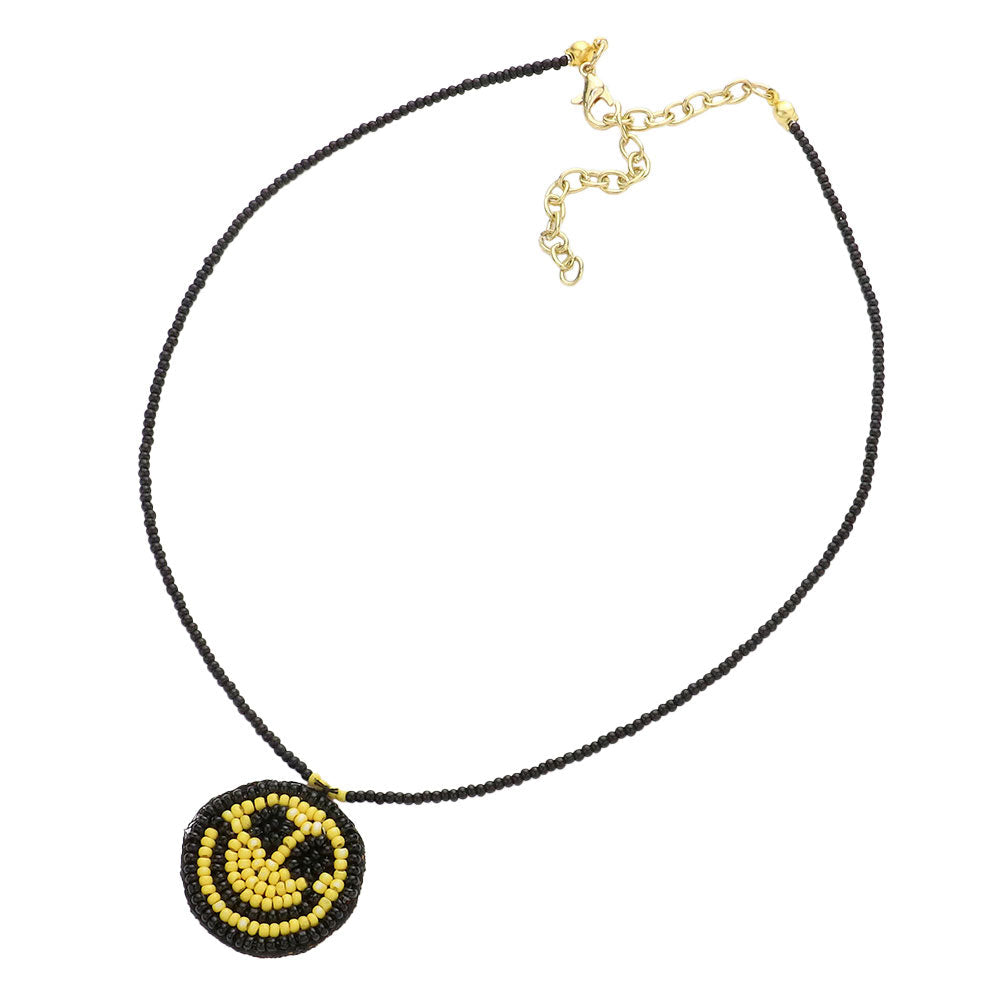 Felt Back Seed Beaded Smile Pendant Necklace by Madeline Love