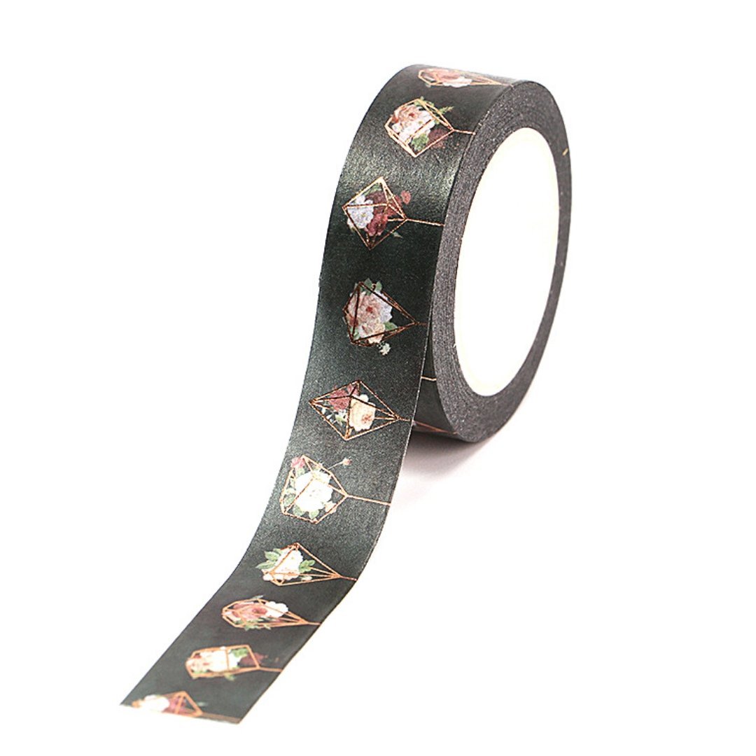 Black Geo Flowers Washi Tape with Rose Gold Accents | Gift Wrapping and Craft Tape by The Bullish Store