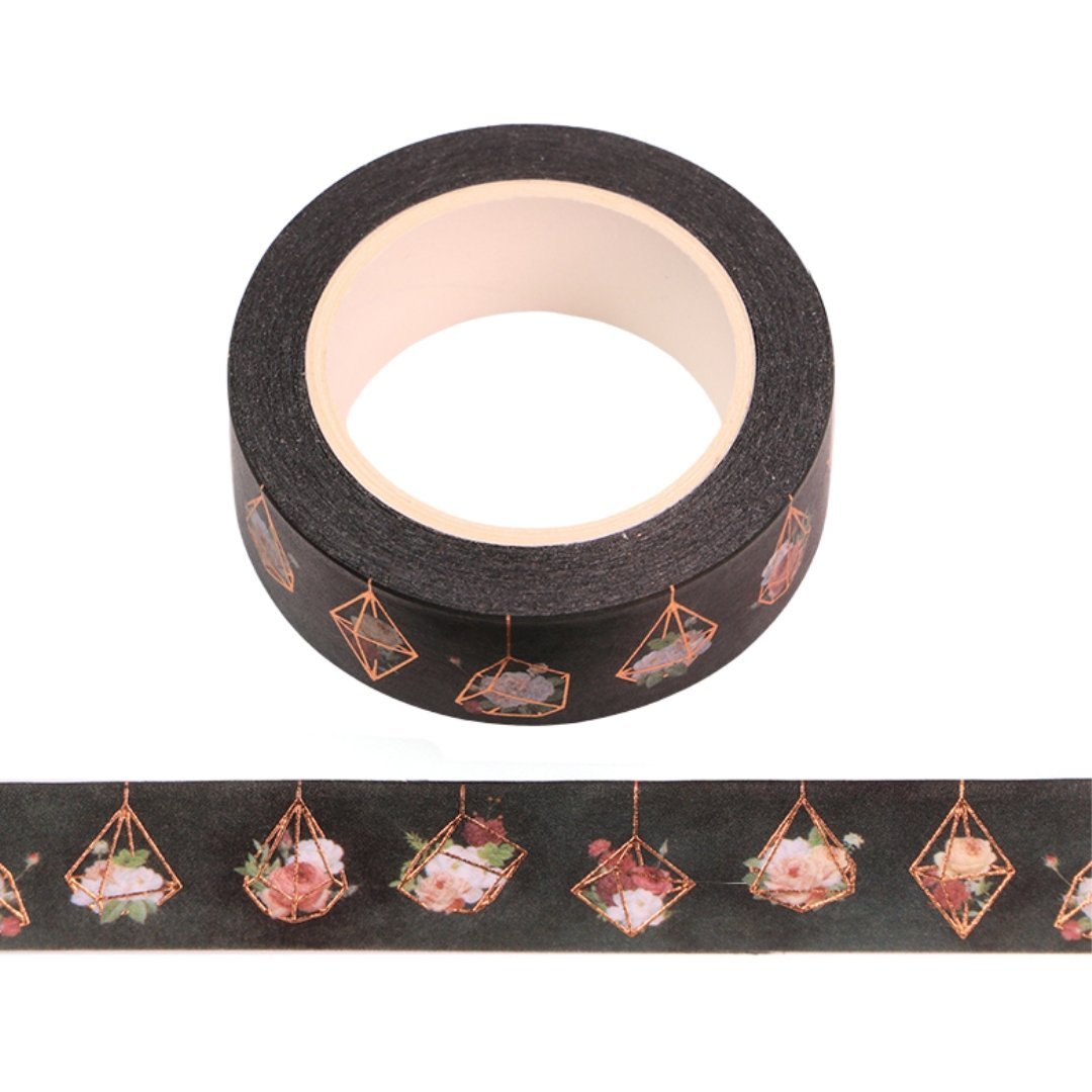 Black Geo Flowers Washi Tape with Rose Gold Accents | Gift Wrapping and Craft Tape by The Bullish Store