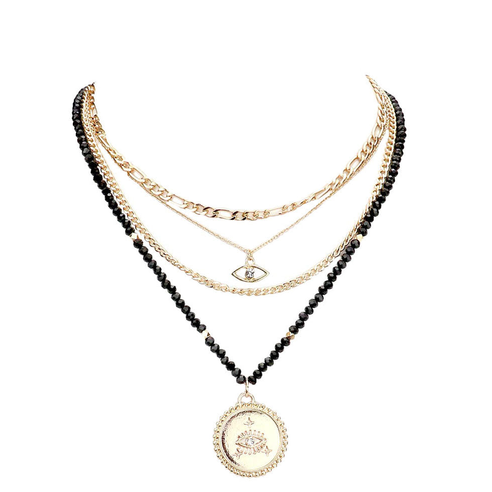 Stone Embellished Evil Eye Pendant Multi Layer Bib Necklace by Madeline Love