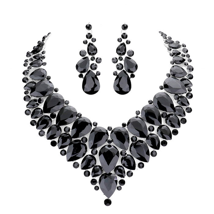 Teardrop Cluster Rhinestone Collar Necklace Earrings Set by Madeline Love