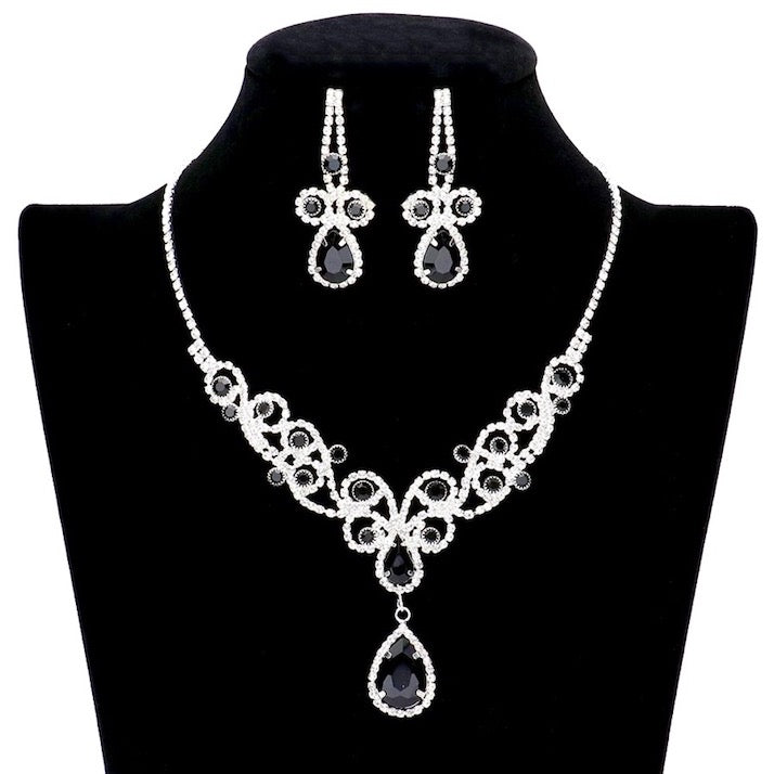 Teardrop Crystal Accented Rhinestone Vine Detailed Elegant Drop Collar Evening Necklace Clip On Earrings Set by Madeline Love