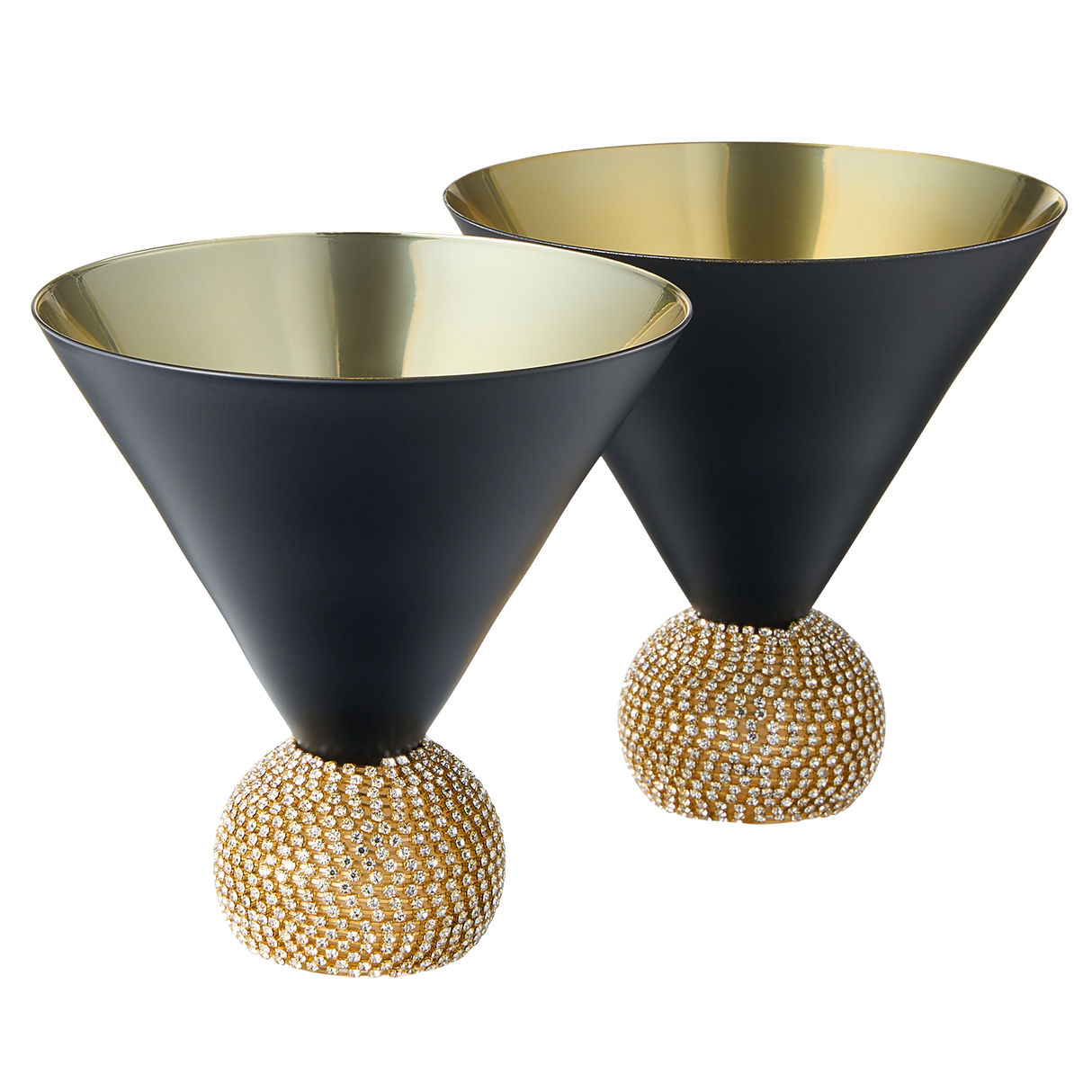 The Wine Savant Diamond Studded Martini Glasses Set of 2 Black & Gold Rimmed Modern Cocktail Glass, Rhinestone With Stemless Crystal Ball Base, Bar or Party 10.5oz, Swarovski Style Crystals by The Wine Savant