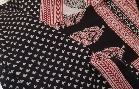 Red and Black Paisely Design Hand Block Printed Naturally Dyed Textiles by OMSutra