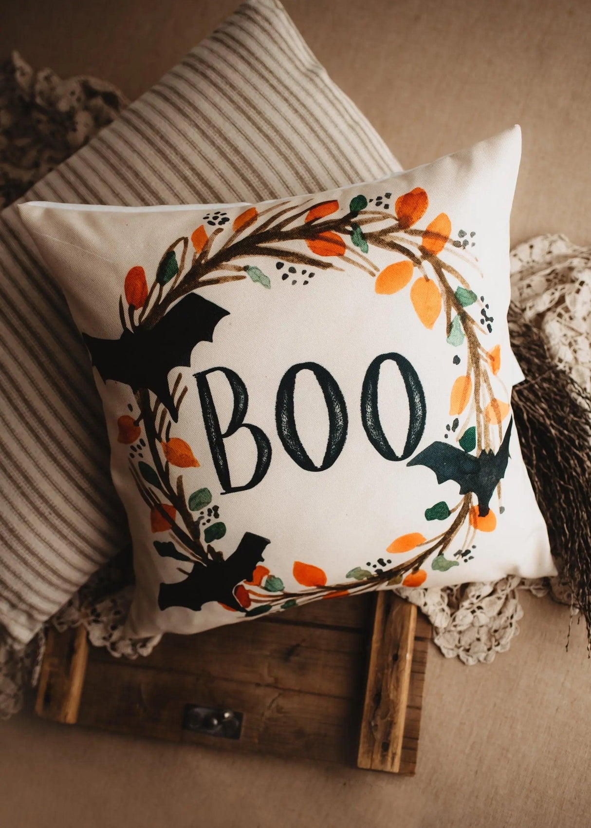 Boo Halloween Wreath Pillow Cover | Fall decor | Farmhouse Pillows | Country Decor | Fall Throw Pillows | Cute Throw Pillows | Gift for her by UniikPillows - Vysn