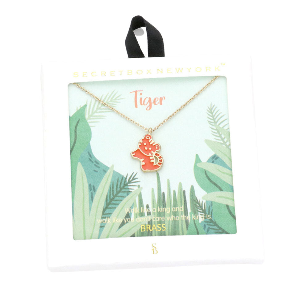 Secret Box Brass Metal Enamel Tiger Pendant Necklace by Madeline Love