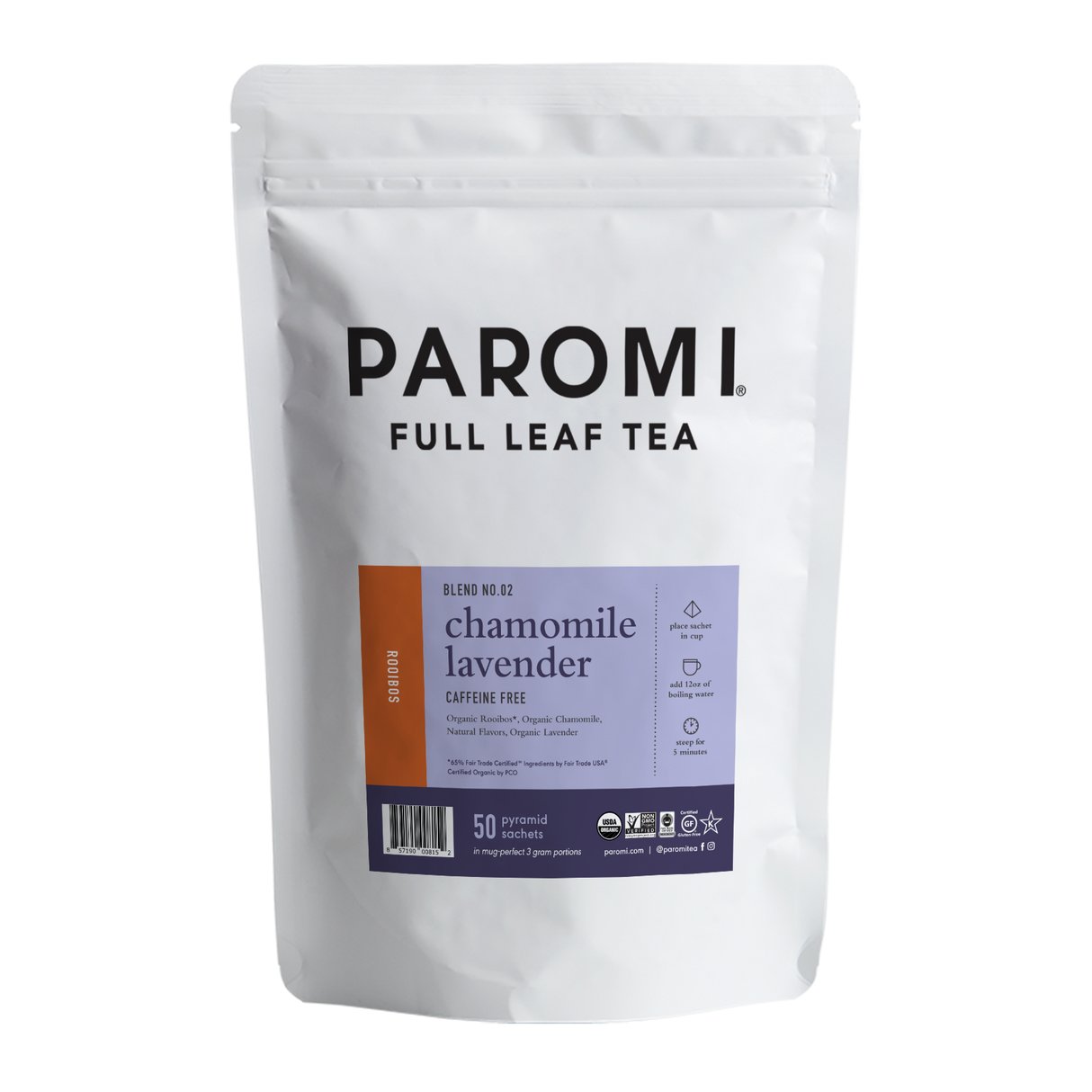 Organic Chamomile Lavender Rooibos Tea, Caffeine Free, in Pyramid Tea Bags by Paromi Tea