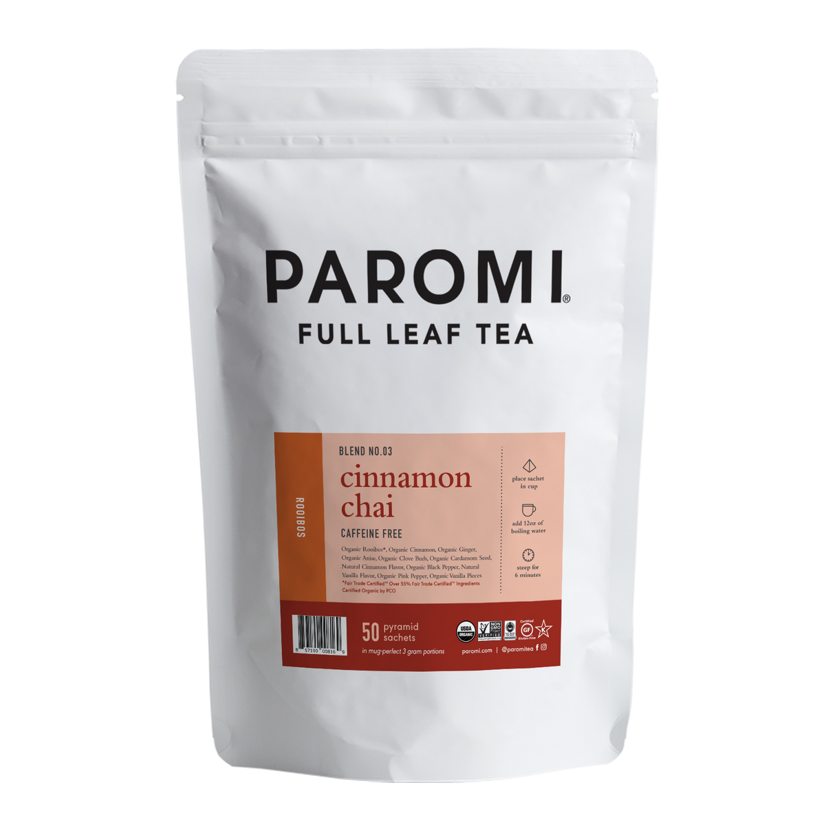 Organic Cinnamon Chai Rooibos Tea, Caffeine Free, in Pyramid Tea Bags by Paromi Tea