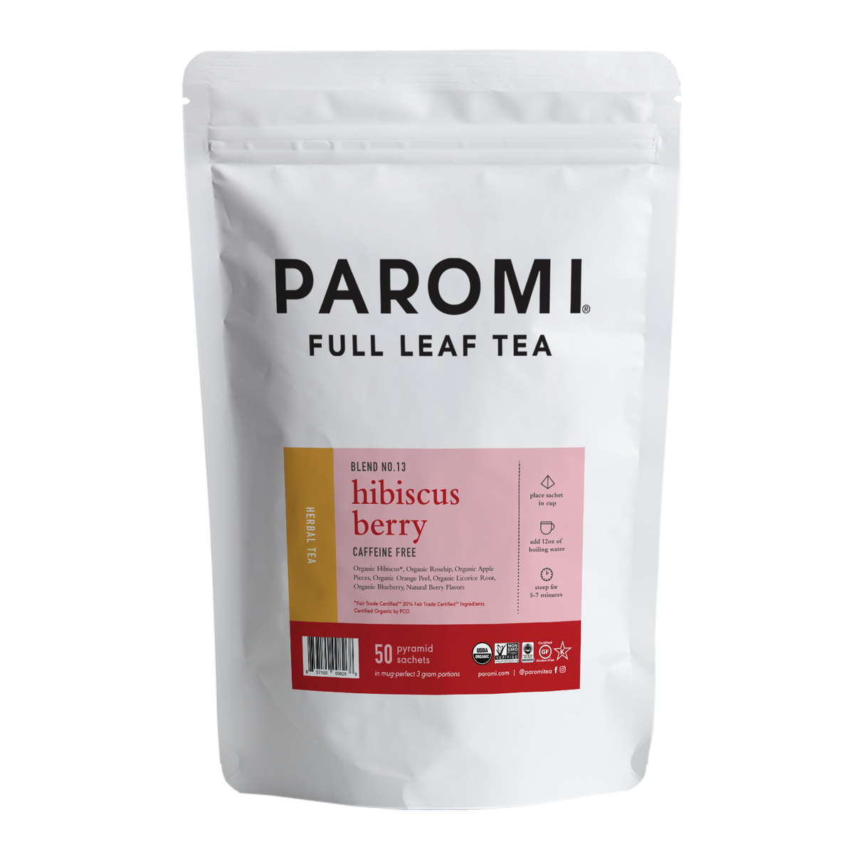 Organic Hibiscus Berry Herbal Tea, Caffeine Free, in Pyramid Tea Bags by Paromi Tea