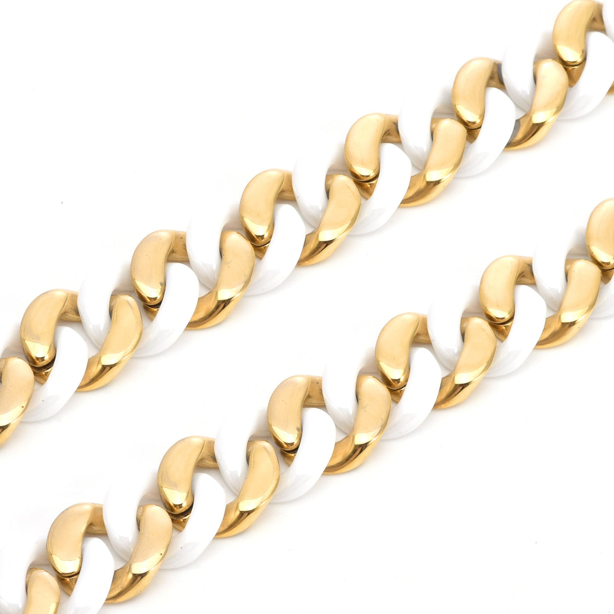 C160GW B.Tiff 16mm 2-Tone Gold Plated White Ceramic Flat Cuban Link Necklace by B.Tiff New York