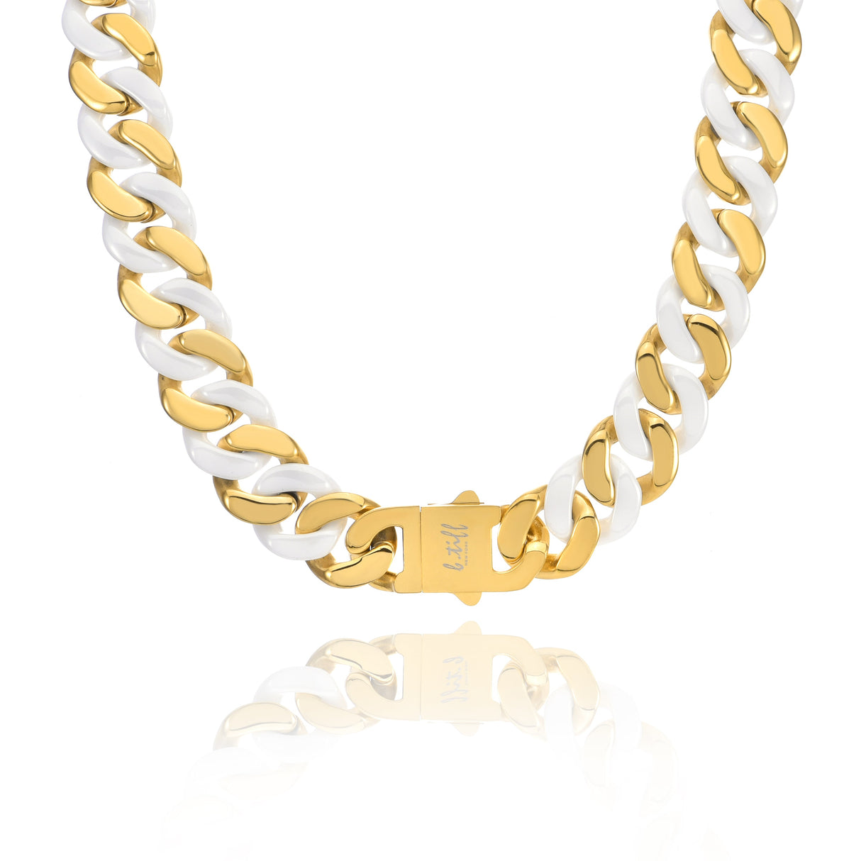 C160GW B.Tiff 16mm 2-Tone Gold Plated White Ceramic Flat Cuban Link Necklace by B.Tiff New York