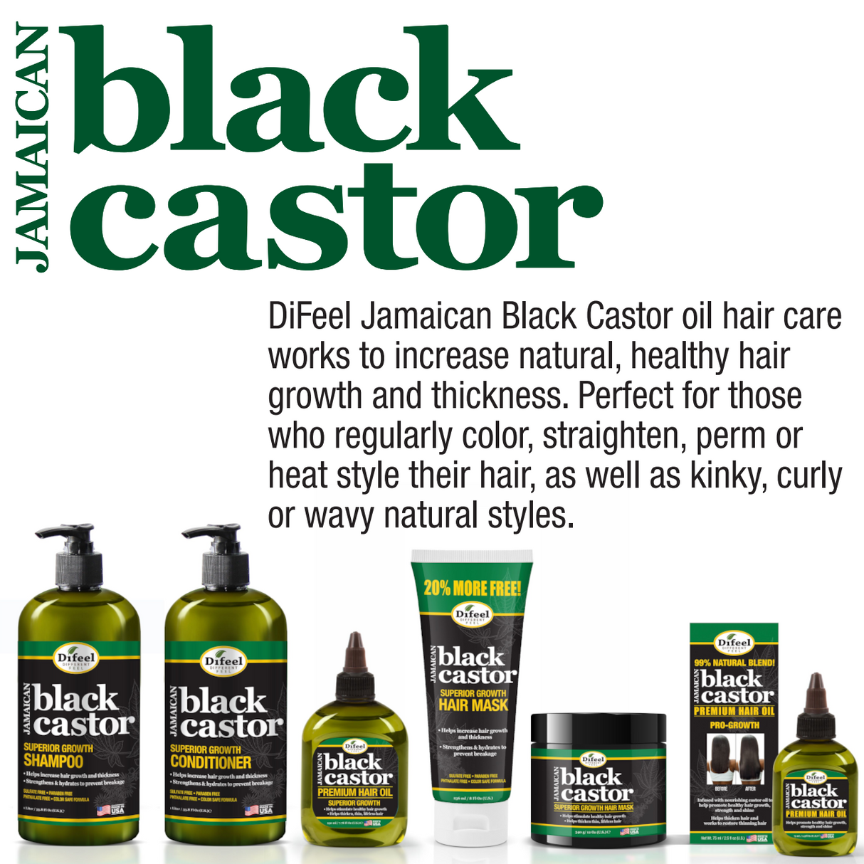 Difeel Superior Growth Jamaican Black Castor 4-PC Hair Treatment Set - Includes 12 oz. Shampoo, 12 oz. Hair Mask , 2.5 oz. Root Stimulator & 2.5 oz. Hair Oil by difeel - find your natural beauty