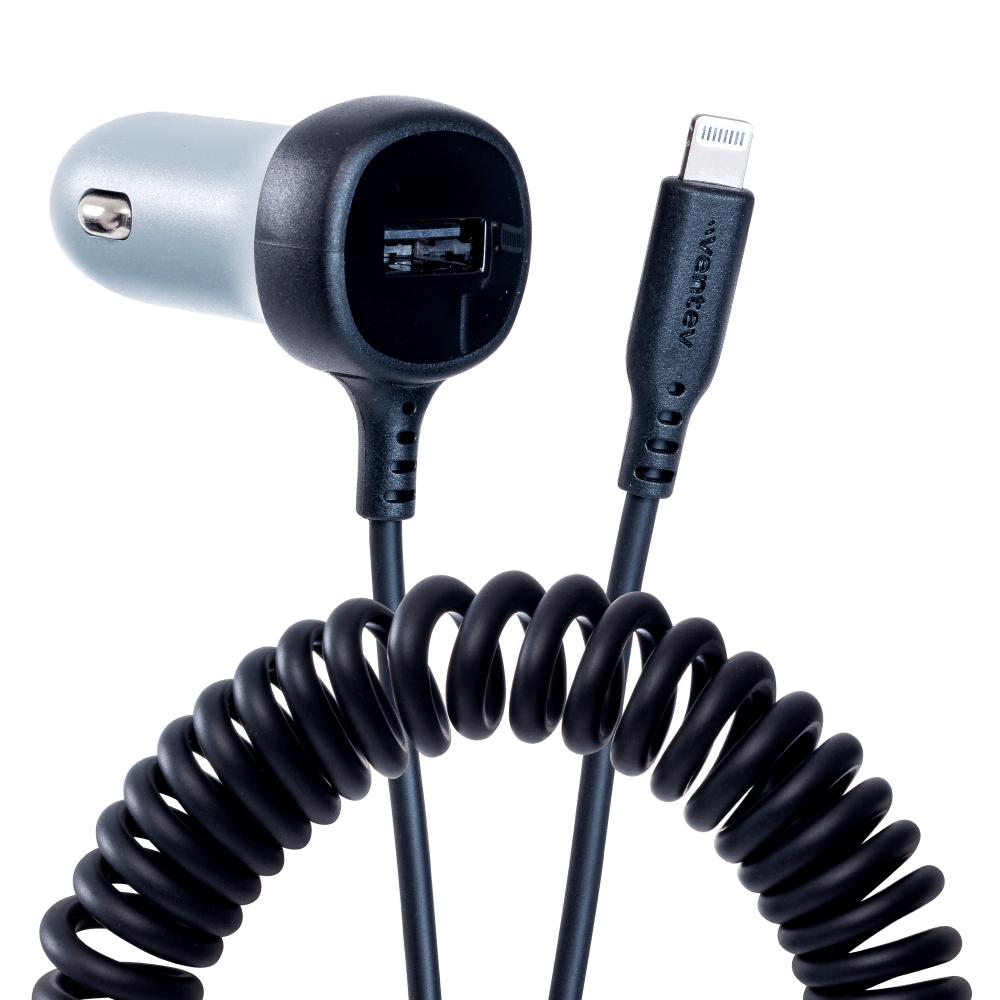 Ventev 12W USB A Car Charger with attached 15W Apple Lightning Cord by Ventev