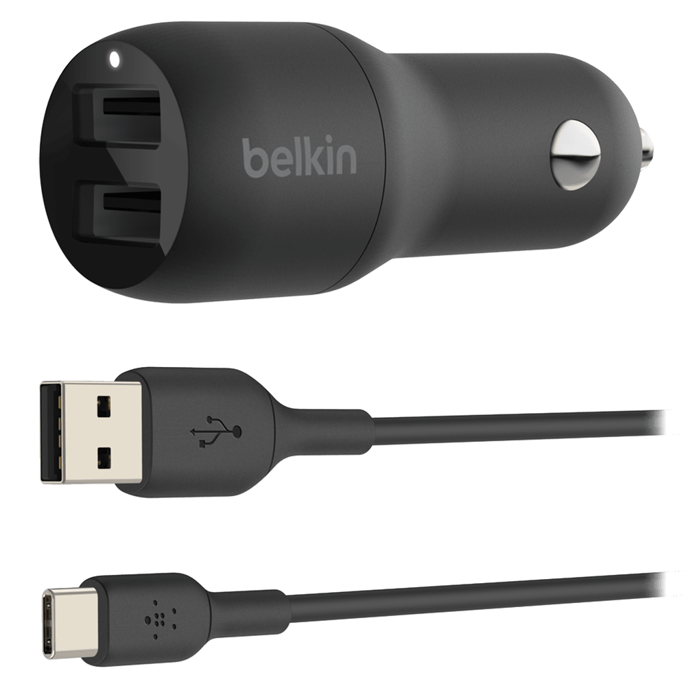 Belkin Dual Port USB A Car Charger 24W with USB A to USB C Cable 3ft by Belkin