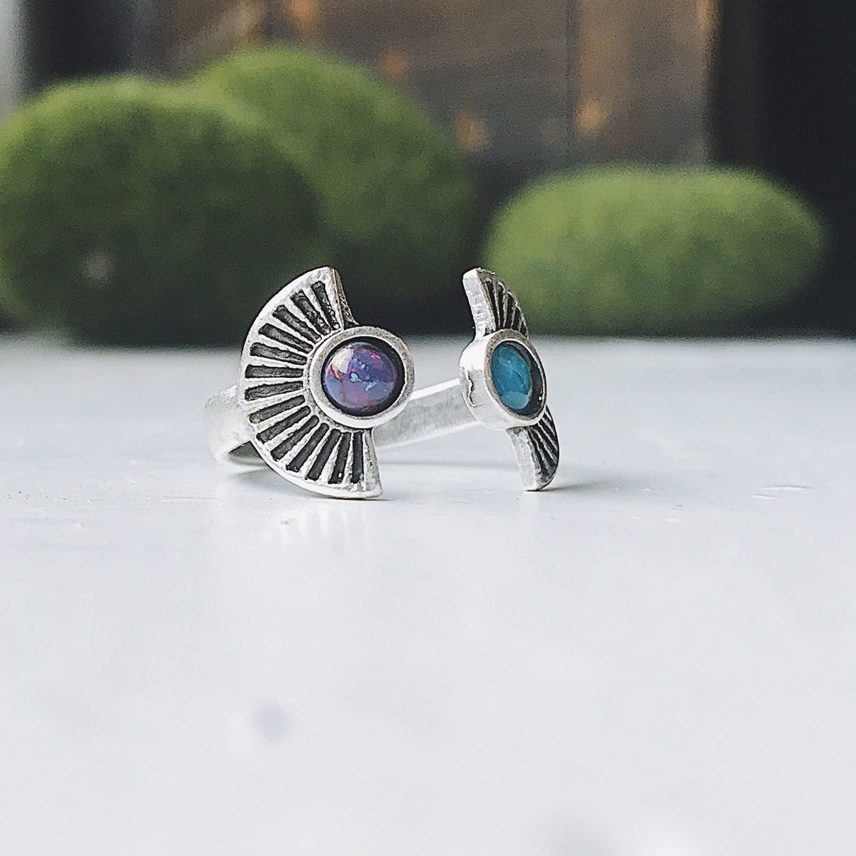 Dawn to Dusk - Two Stone Turquoise Boho Sunburst Ring by Yugen Handmade