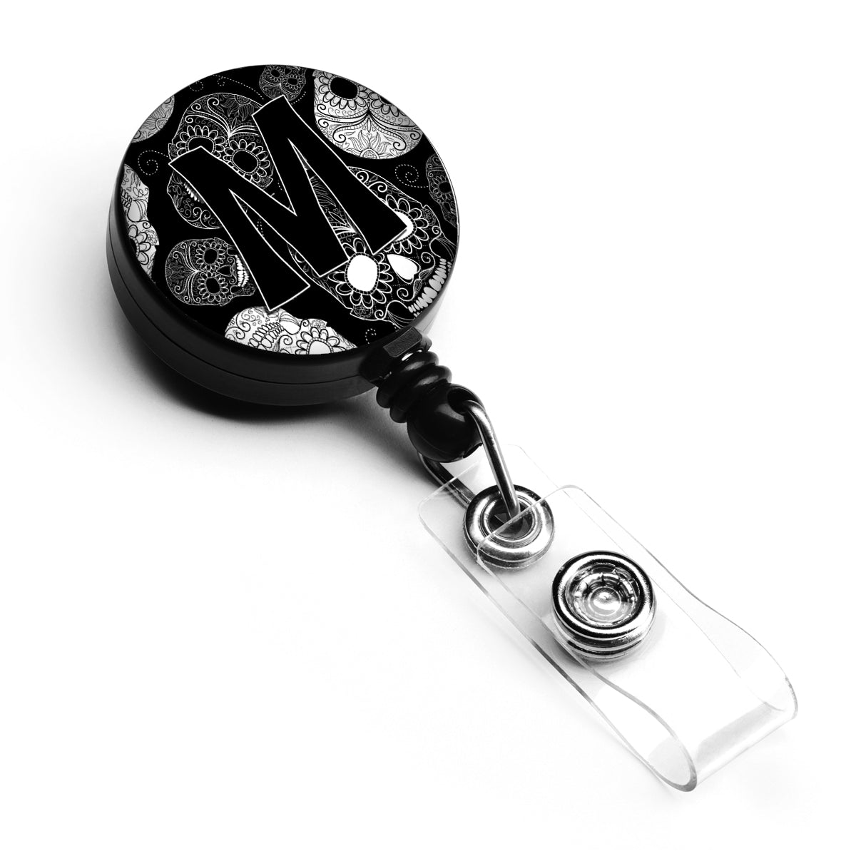 Letter M Day of the Dead Skulls Black Retractable Badge Reel CJ2008-MBR by Caroline's Treasures