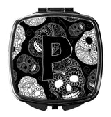 Letter P Day of the Dead Skulls Black Compact Mirror CJ2008-PSCM by Caroline's Treasures