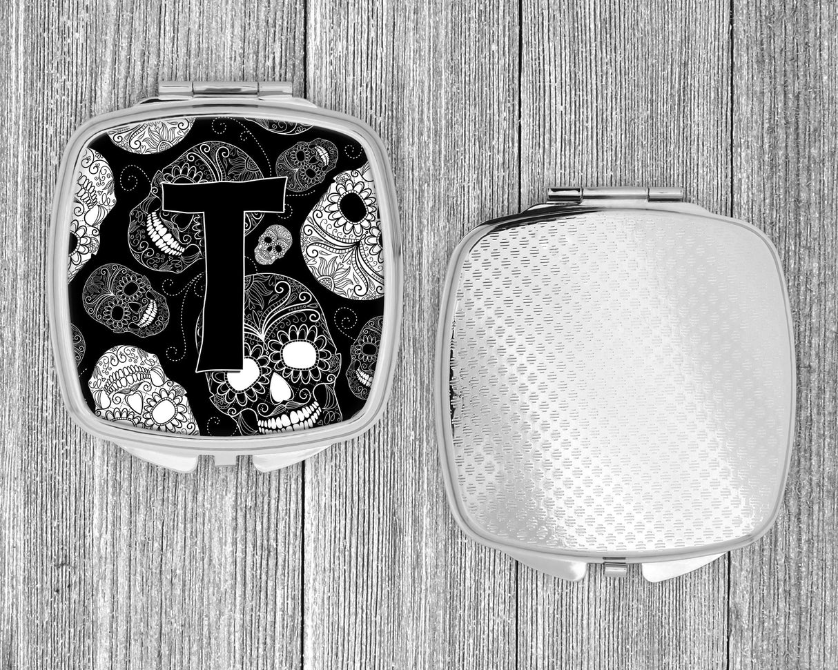 Letter T Day of the Dead Skulls Black Compact Mirror CJ2008-TSCM by Caroline's Treasures