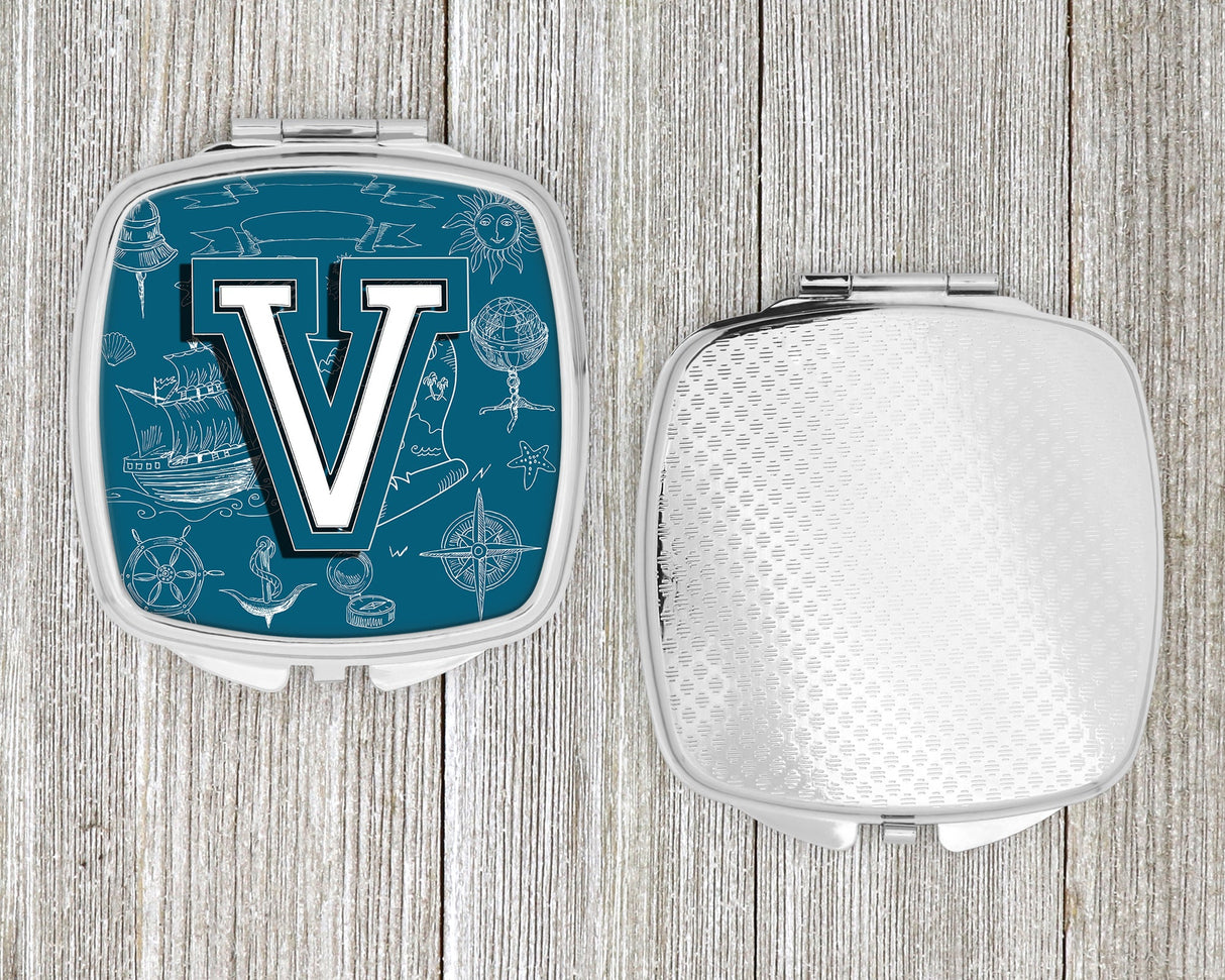 Letter V Sea Doodles Initial Alphabet Compact Mirror CJ2014-VSCM by Caroline's Treasures