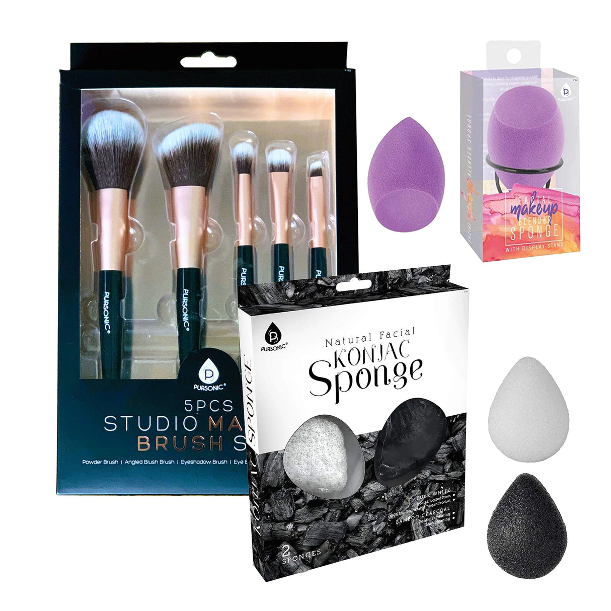 Beauty Essentials Bundle: Facial Makeup Blender Sponge + Natural Facial Konjac Sponge Duo Set(3 pack) + 5 Pcs Studio Makeup Brush Set (Black) by Pursonic