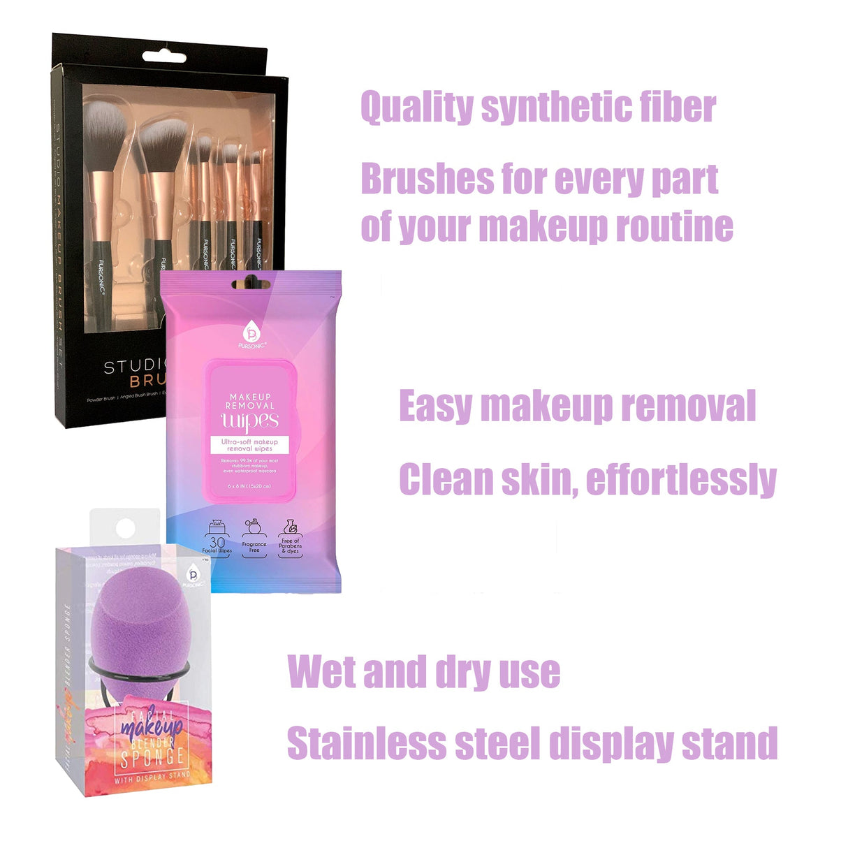 Makeup Essentials Bundle: Brushes, Wipes & Blender Sponge by Pursonic