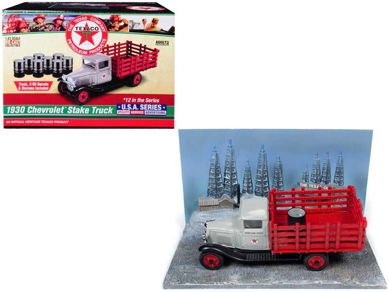 1930 Chevrolet Stake Truck with Eight Oil Barrels and Oil Derricks Diorama "Texaco" 12th in the "U.S.A. Series" 1/43 Diecast Model by Auto World