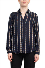 Joan Vass NY Collared V-Neck Button Down Button Cuffed Long Sleeve Back Yoke Printed Woven Top by Curated Brands