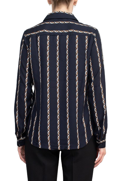 Joan Vass NY Collared V-Neck Button Down Button Cuffed Long Sleeve Back Yoke Printed Woven Top by Curated Brands