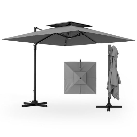 9.5 Feet Cantilever Patio Umbrella with 360° Rotation and Double Top-Gray