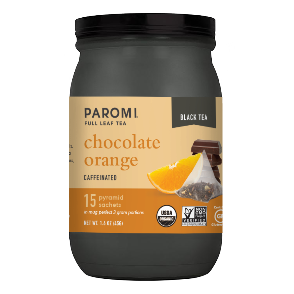 Organic Chocolate Orange Black Tea, Full Leaf, in Pyramid Tea Bags by Paromi Tea