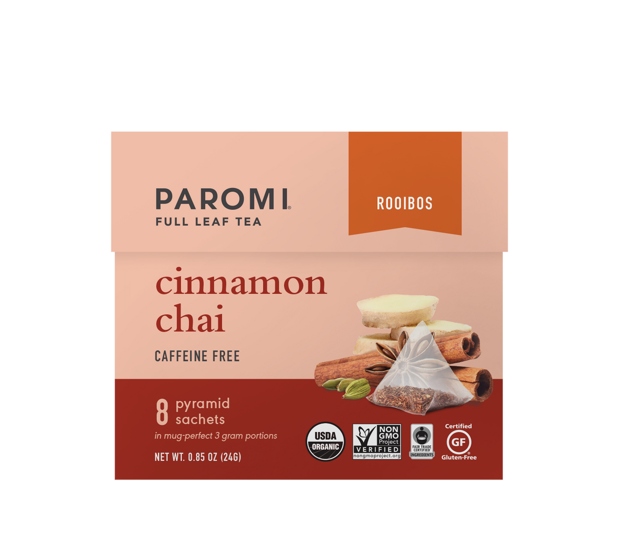 Organic Cinnamon Chai Rooibos Tea, Caffeine Free, in Pyramid Tea Bags by Paromi Tea