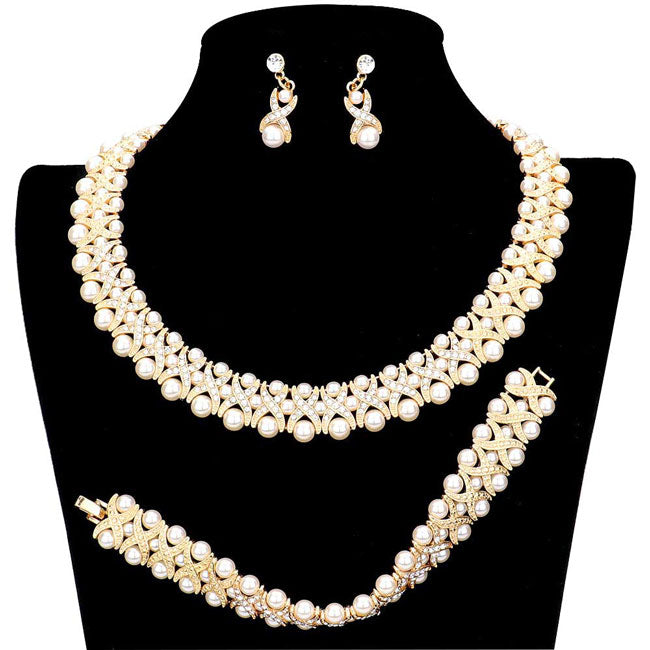 3pcs Pearl Crystal Rhinestone Necklace Jewelry Set by Madeline Love