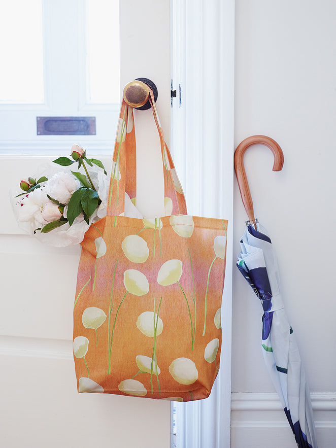 Tote Bag: Cream Flowers on Orange by India & Purry