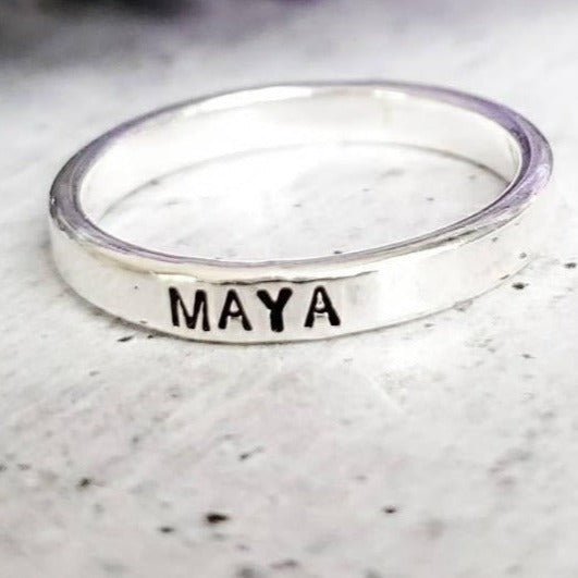 Custom Skinny Silver Name Ring by Salt and Sparkle