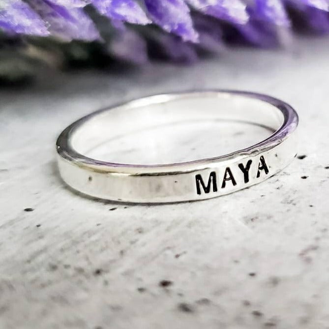 Custom Skinny Silver Name Ring by Salt and Sparkle