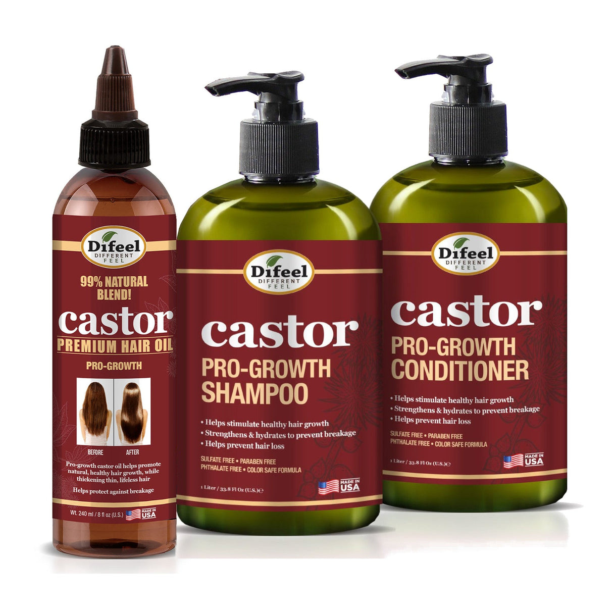 Difeel Castor Pro-Growth 3-PC Hair Care Set - Shampoo 12 oz. , Conditioner 12 oz. , & Hair Oil 8oz by difeel - find your natural beauty