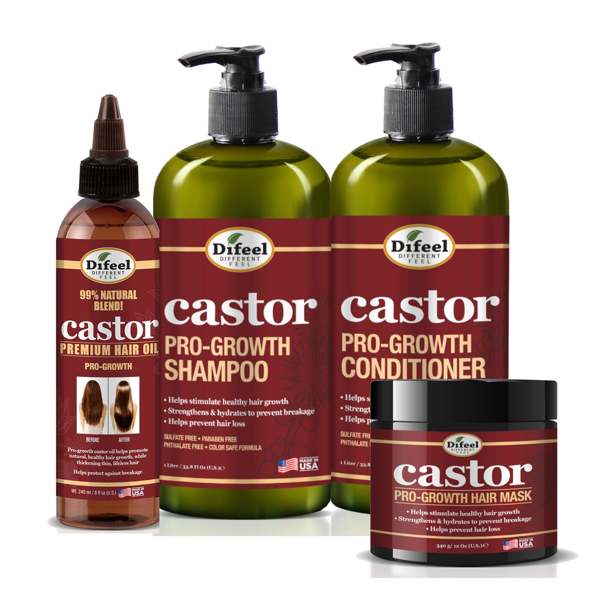 Difeel Castor Pro-Growth 4-PC Ultimate Hair Care Set - Shampoo 33.8oz, Conditioner 33.8oz, Hair Mask 12 oz.  & Hair Oil 8oz by difeel - find your natural beauty