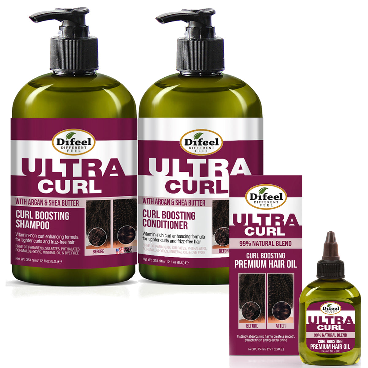 Difeel Ultra Curl 3-PC Curl Boosting Hair Care Set : Ultra Curl Shampoo 12 oz, Conditioner 12 oz. and Hair Oil 2.5 oz. Set by difeel - find your natural beauty