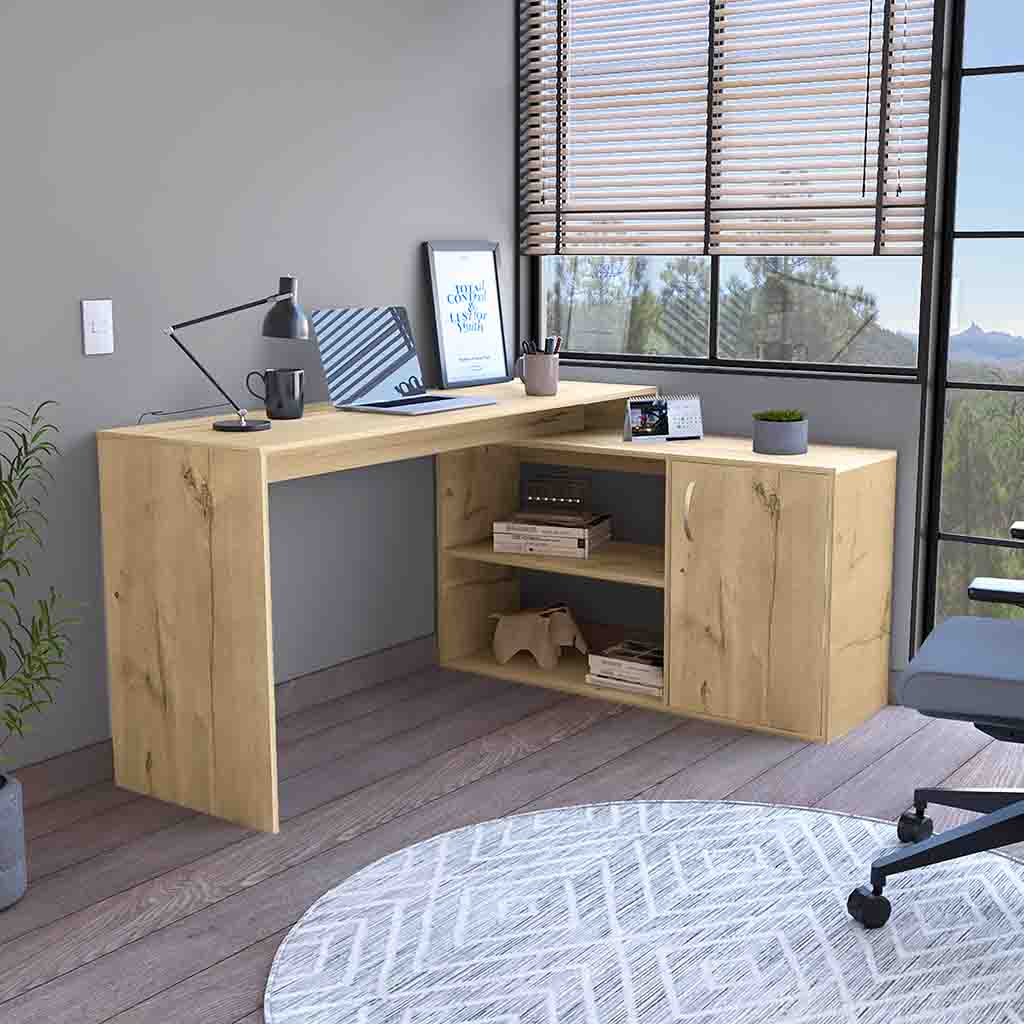 Dallas L-Shaped Home Office Desk, Two Shelves, One Drawer by FM FURNITURE