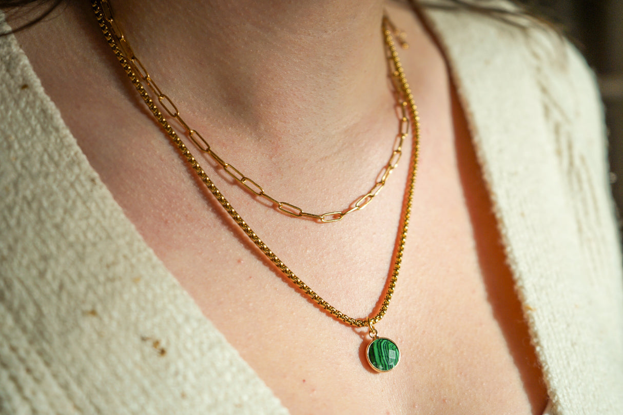 Paperclip Chain & Malachite Classic Gold Stone Pendant Necklace Set - Paperclip Chain & Malachite by ETHICGOODS