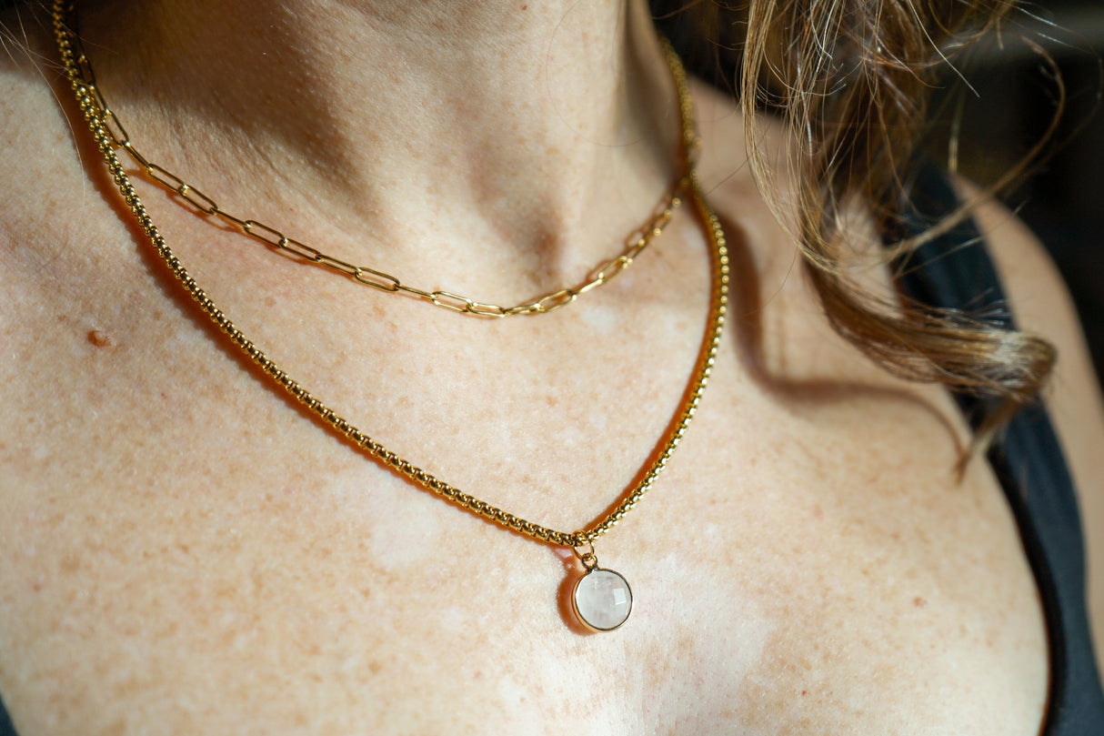 Classic Gold Stone Pendant Necklace Set - Paperclip Chain & White Quartz by ETHICGOODS