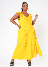 Plus Size Ruffle Trim Wrapped Maxi Dress in Mustard by Shop at Konus