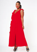 Plus Size Ruffle Trim Wrapped Maxi Dress in Red by Shop at Konus