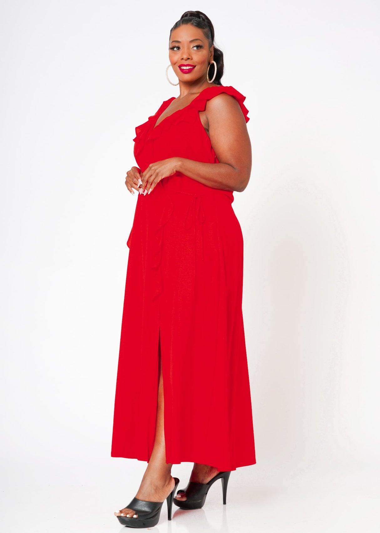 Plus Size Ruffle Trim Wrapped Maxi Dress in Red by Shop at Konus