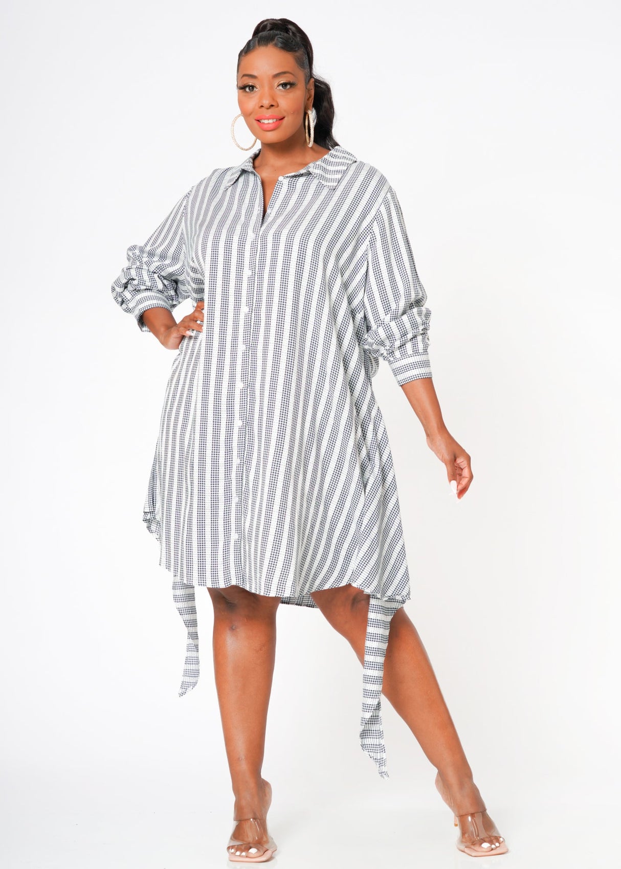 Plus Size Lace Trim Wrapped Shirt Dress in Ditsy Gingham by Shop at Konus