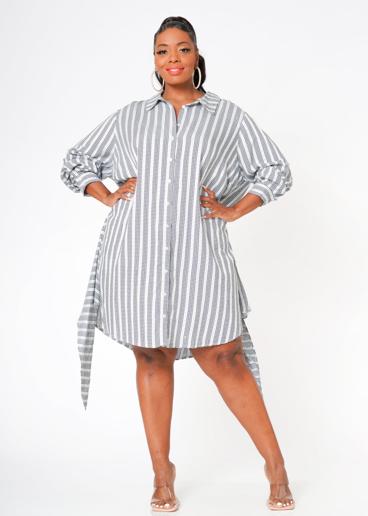 Plus Size Lace Trim Wrapped Shirt Dress in Ditsy Gingham by Shop at Konus