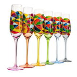 Stained Glass Champagne Flutes Set of 6 Hand Painted - Wine Savant - Hand Blown 7 Ounce Colorful Renaissance Champagne Glasses - 10.2" Tall, 2.7" Diameter Rainbow Multicolor Design Glassware by The Wine Savant